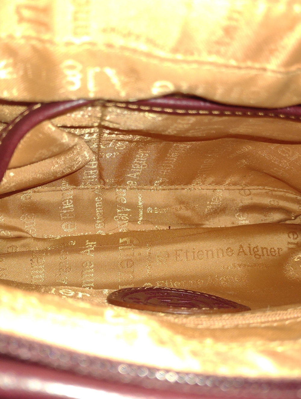 Etienne Aigner Paisley Tapestry Shoulder Bag Brown Faux Leather Trim Charm Clean - Picture 6 of 11